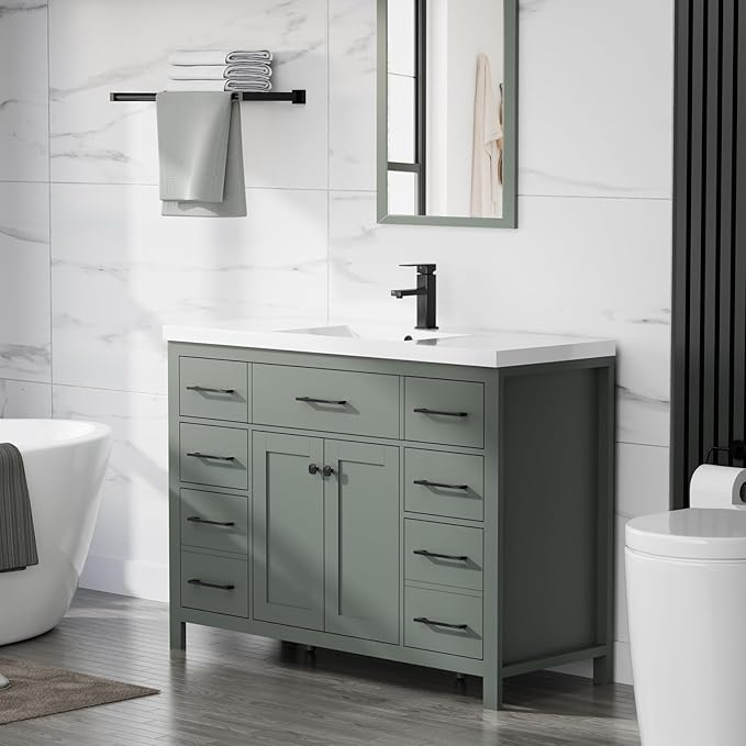 LUCKWIND 48" Modern Bathroom Vanity and Sink, Painted Bathroom Storage Cabinet with Single Resin Sink, Two Doors and Four Drawers, Include Faucet Without Mirror, Green