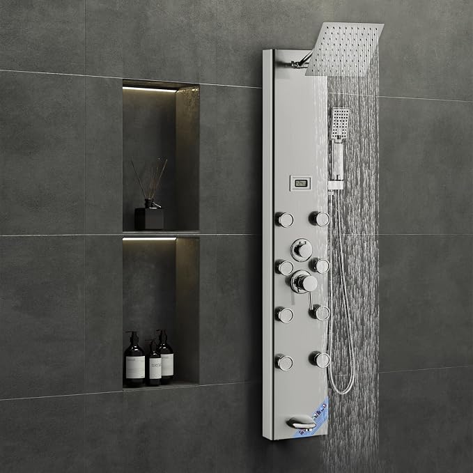 VEVOR Shower Panel Tower System, 5 Shower Modes, Digital Display Shower Panel, Rainfall, 8 Massage Jets, Tub Spout, 3-Setting Handheld Shower Head 59" Hose, Stainless Steel Wall-Mounted Shower Set