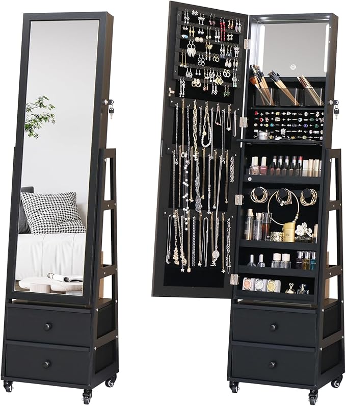 Standing Jewelry Armoire Cabinet Lockable Full Length Mirror with Drawer | Jewelry Organizer Armoire with Wheels,Floor Mirror with Back Storage Shelves for Bedroom Christmas Gift for Friend Black