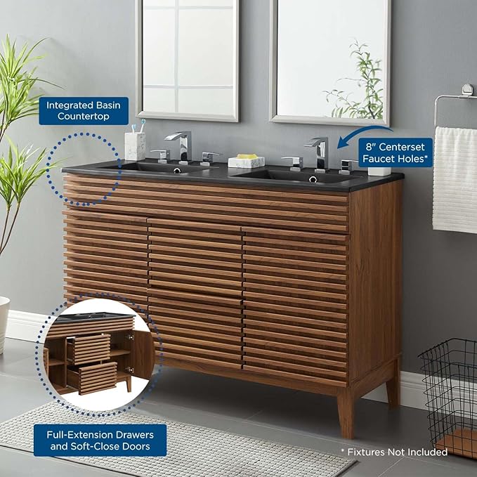 Modway Render 48" Double Bathroom Vanity in Walnut Black