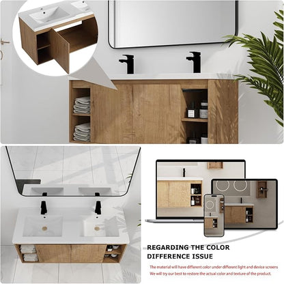 Floating Bathroom Vanity, 48" Bathroom Storage Cabinet with Double Resin Sinks, 2 Soft-Close Doors & 4 Open Storage Shelves, Modern Wall-Mounted Vanity with 45° Bevel Handles, Oak