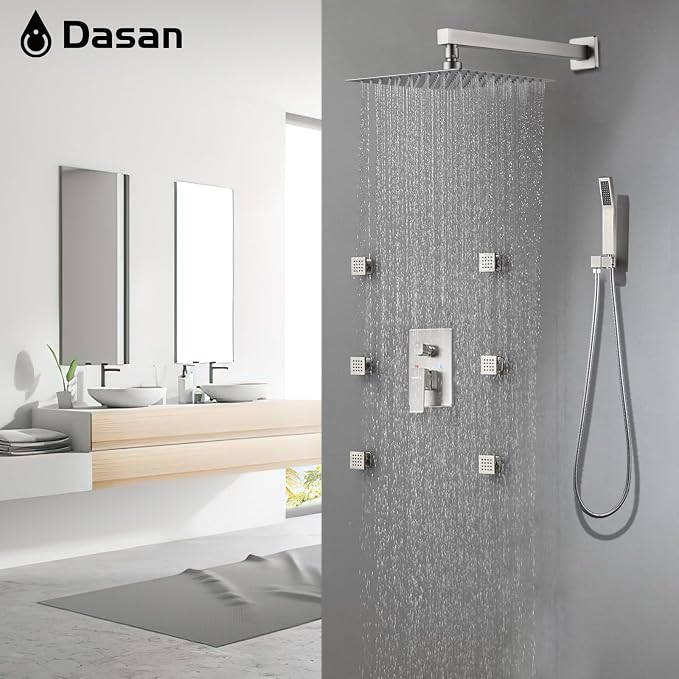 DASAN Full Body Shower System with 6 PCS Body Spray Jets & 12'' Rain Overhead Shower & Handheld, In-Wall Rain Shower System Brushed Nickel Shower Faucets Sets Complete with Valve, SA-SS03ABN-S12W
