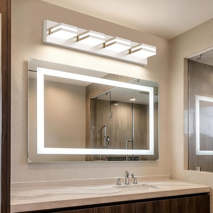 Bathroom Lights Fixtures Over Mirror, 360°Rotate Modern LED Vanity Lights for Bathroom, 32W Dimmable & High CRI Acrylic Wall Lighting, No Assembly Required (Brushed Nickel, 4-Light, 24 Inch)