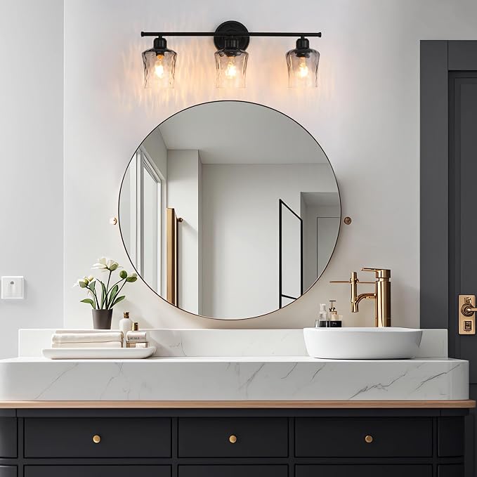 3-Light Bathroom Light Fixtures Black Vanity Light with Grey Glass Shade | Modxian Modern E26 Bathroom Wall light for Over Mirror, Kitchen, Hallway, Cabinet, Porch, Bedroom