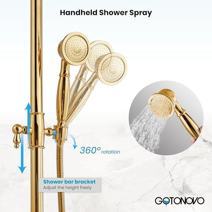 gotonovo Exposed Bathroom Shower Faucet Set Shower Fixture 8 Inch Rainfall Shower Head Handheld Shower Cross Handle Wall Mount 2 Functions Polished Gold