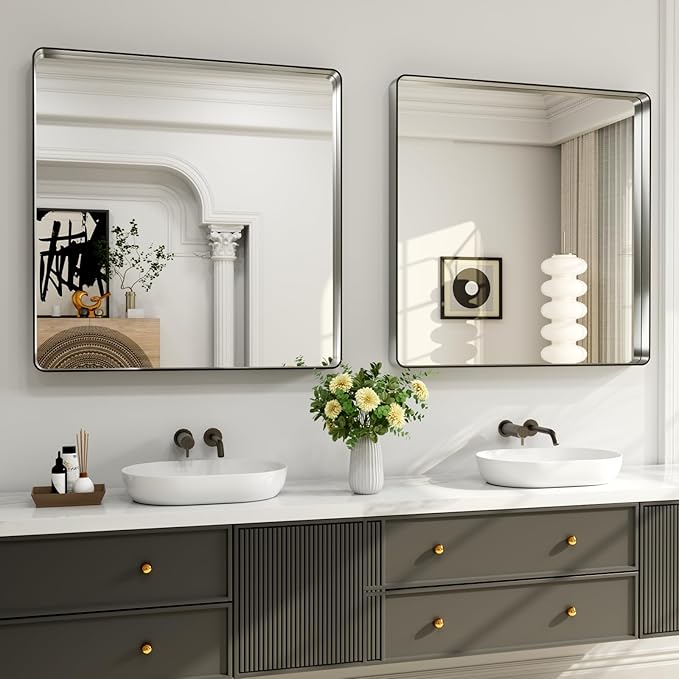 LOAAO 38X38 Inch Brushed Nickel Bathroom Mirror | Rounded Rectangle, Silver Metal Frame, Anti-Rust, Tempered Glass, Hangs Horizontally or Vertically