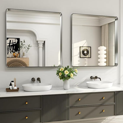 LOAAO 38X38 Inch Brushed Nickel Bathroom Mirror | Rounded Rectangle, Silver Metal Frame, Anti-Rust, Tempered Glass, Hangs Horizontally or Vertically