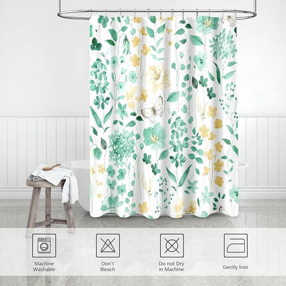 Mint Green Floral Shower Curtain, Cute Flower Fabric Shower Curtains for Bathroom, Watercolor Wildflower Butterfly Cloth Shower Curtain Set with Hooks, 72x72