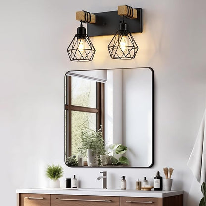 VbiTmn Bathroom Light Fixtures, 2 Light Black Farmhouse Wood Vanity Lights | Rustic Design, Diamond Metal Shades, Easy to Install, Wall Sconces for Bathroom, Bedroom, Makeup Area, Over Vanity Mirror