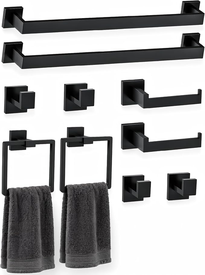 Nevado 10-Piece Wall Mounted Bathroom Hardware Set | Towel Bar, Toilet Paper Holder, Towel Ring& Robe Hook, Matte Black Bathroom Accessories, 23.6‑Inch Towel Bar