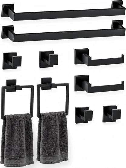 Nevado 10-Piece Wall Mounted Bathroom Hardware Set | Towel Bar, Toilet Paper Holder, Towel Ring& Robe Hook, Matte Black Bathroom Accessories, 23.6‑Inch Towel Bar