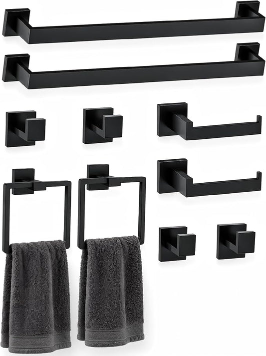 Nevado 10-Piece Wall Mounted Bathroom Hardware Set | Towel Bar, Toilet Paper Holder, Towel Ring& Robe Hook, Matte Black Bathroom Accessories, 23.6‑Inch Towel Bar