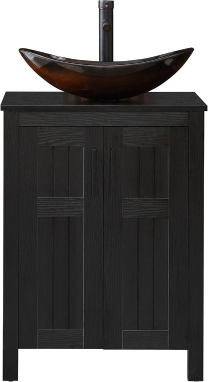 UEV Black 24" Bathroom Vanity with Sink Combo,Modern Sink Cabinet,Stylish Bathroom Vanity Cabinet,Fluted Double Doors,Metal Handles,Modern Brown Boat Tempered Glass Vessel Sink (029BR-NEW)