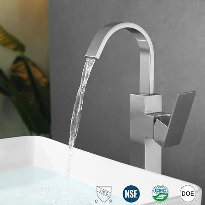 Brushed Nickel Single Handle Tall Bathroom Faucet，Vessel Sink Faucet Waterfall Bathroom Faucet Single Hole Lavatory Vanity Tap Single Hole Bar Sink Faucet with Pop Up Drain and Supply Lines,SL50044BN