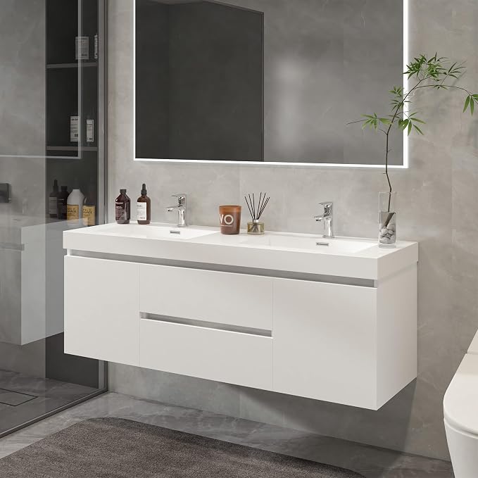 Vanity Art 60 Inch Double Sinks Wall Mounted Bathroom Vanity Set 2 Drawers 4 Shelves Storage Cabinet with White Engineered Stone Top Undermount Rectangle Sinks High-Glossy