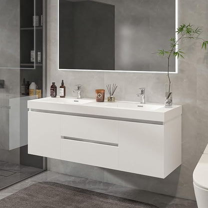 Vanity Art 60 Inch Double Sinks Wall Mounted Bathroom Vanity Set 2 Drawers 4 Shelves Storage Cabinet with White Engineered Stone Top Undermount Rectangle Sinks High-Glossy