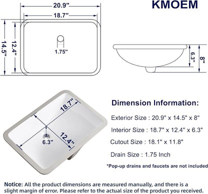 Undermount Bathroom Sink 21x15 Inch Small Bathroom Sink White Porcelain Ceramic Bathroom Under Counter Lavatory Vanity Sink Basin Rectangular Undermount Sinks with Overflow