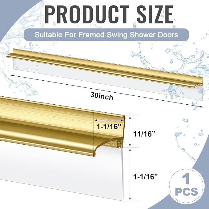 Hicarer 30'' Chrome Framed Shower Door Replacement Drip Rail with Vinyl Sweep, Shower Door Water Deflector with Bottom Seal, Applied Mounting Tape and Screws (Gold)