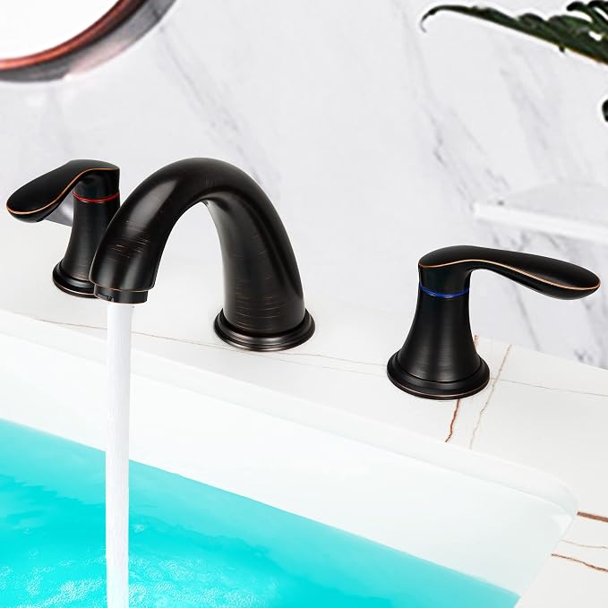 Bathroom Sink Faucet, Faucet for Bathroom Sink, Widespread ORB Bathroom Faucet 3 Hole with Plastic Pop Up Drain and cUPC Lead-Free Hose-(Oil Rubbed Bronze)