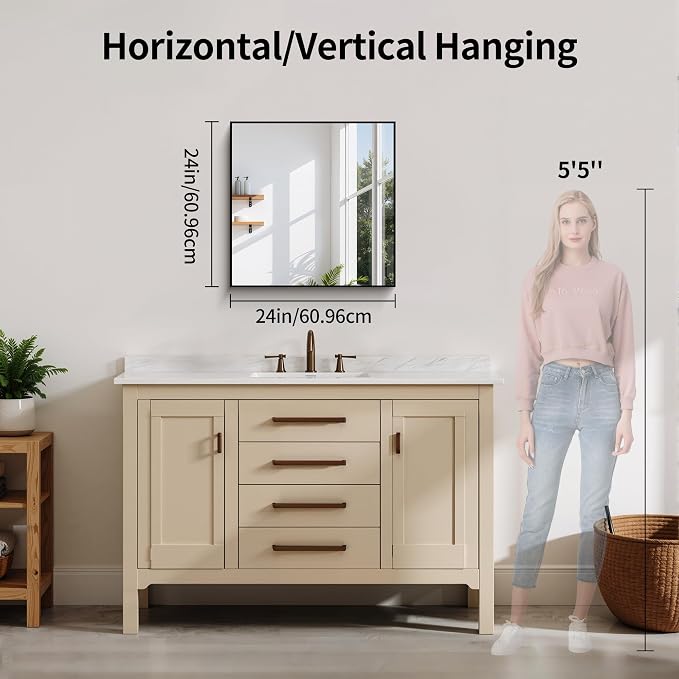 YIROMAN Bathroom Mirror 24"x24", Matte Black Bathroom Mirror for Over Sink with Aluminum Frame, Square Vanity Mirror with Right Angle, Wall Mirror Hangs Horizontal or Vertical