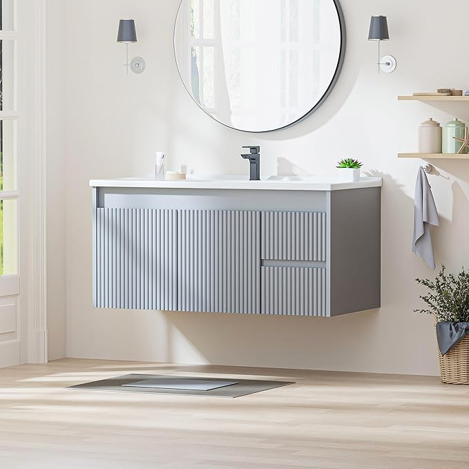 Floating Bathroom Vanity with Sink, 40 Inch Wall Mounted Bathroom Vanity with 2 Drawers and Wave-Carved Design Door, Modern Wooden Cabinet with Ceramic Sink and Storage, Grey