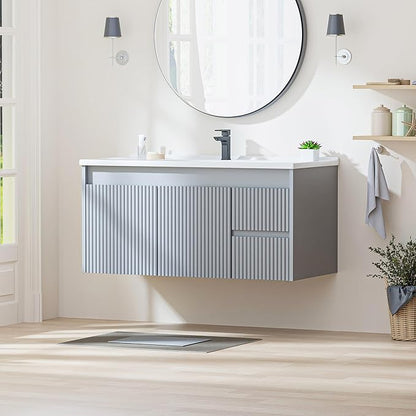 Floating Bathroom Vanity with Sink, 40 Inch Wall Mounted Bathroom Vanity with 2 Drawers and Wave-Carved Design Door, Modern Wooden Cabinet with Ceramic Sink and Storage, Grey