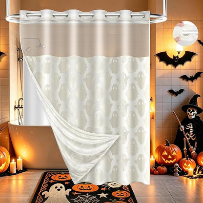 FADOTY No Hook Shower Curtain Set with Snap in Liner, Ghost, 71'' x 74'' | Bathroom Hotel Fabric Curtain, Waterproof Washable Liner, See Through Top Window, Ringless Ghost Tufted Cloth Curtain