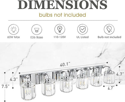6-Light Modern Bathroom Light Fixture Chrome Vanity Lights Over Mirror Wall Sconce Lighting with K9 Crystal Shades Bathroom Wall Lamp E26 Base for Bedroom, Living Room, Hallway