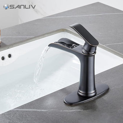 Oil Rubbed Bronze Bathroom Faucet, Sanliv Waterfall Faucet for Bathroom Sinks 1 or 3 Hole, Single Handle Vanity Faucets with Pop Up Drain Deck Plate Supply Hoses, ORB