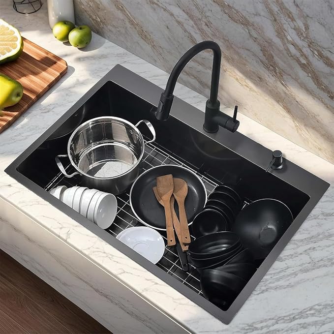 VAPSINT 28x18 Inch Black Drop In Kitchen Sink, 28 Inch Gunmetal Black Top Mount Extra-Thick Stainless Steel Single Bowl Sink RV Laundry Utility Prep Sink with Drain Strainer & Metal Grid