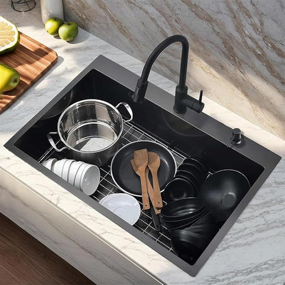 VAPSINT 28x18 Inch Black Drop In Kitchen Sink, 28 Inch Gunmetal Black Top Mount Extra-Thick Stainless Steel Single Bowl Sink RV Laundry Utility Prep Sink with Drain Strainer & Metal Grid