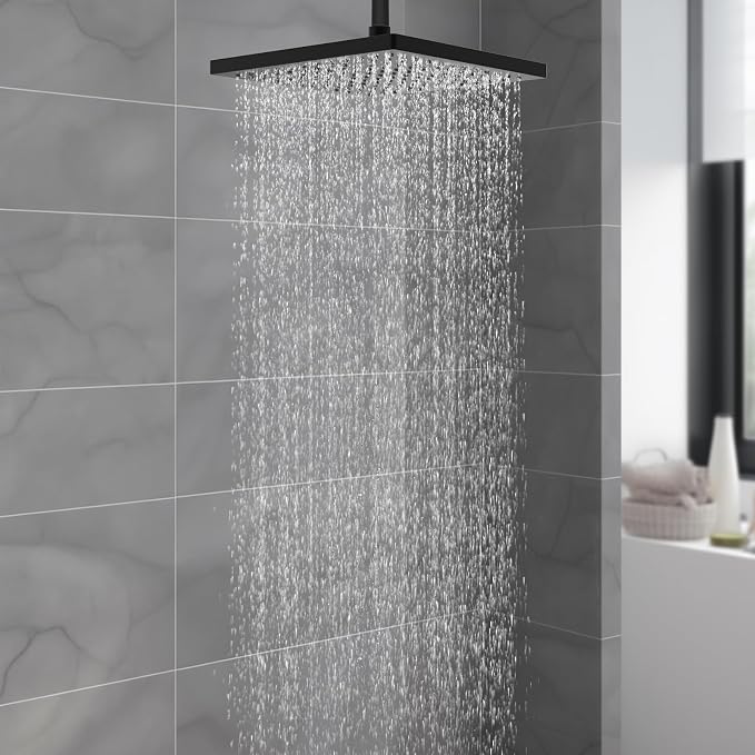Hibbent cUPC Certified High Pressure 12'' Rain Shower Head, Matte Black | Thickness Metal Showerhead, Square Large Bathroom Rainfall Shower Head, Adjustable Brass Ball, Waterfall Full Body Coverage