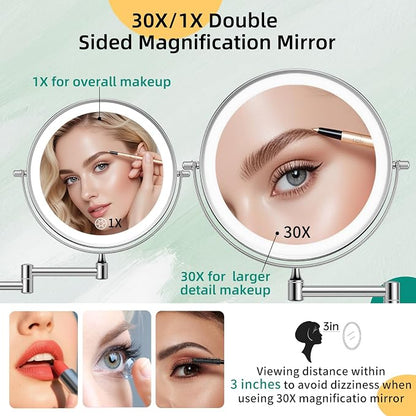 FUNTOUCH 5000mAh Rechargeable Wall Mounted Makeup Mirror with Light Charger | Double Sided 1X/30X Magnification,3 Color Lights,Touch Dimmable,Extended Arm 360 Rotation Lighted Bathroom Mirror
