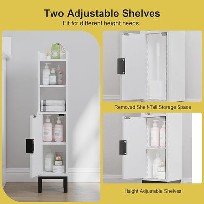 Small Bathroom Storage Cabinet, Narrow Corner Floor Cabinet with Door and Shelves for Toilet Paper, Bathroom Organizer with Adjustable Shelf, for Small Spaces (White)