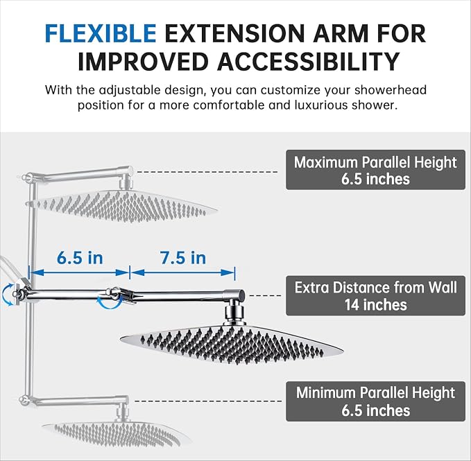 G-Promise All Metal 14 Inches Rainfall Shower Head with Handheld Combo | All Metal, Built to Last, Easy Install, Adjustable Height & Angle for All Heights, Extra Long Hose, Modern Upgrade