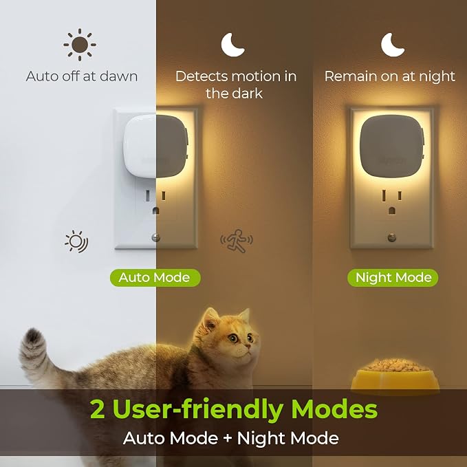AUVON Plug-in LED Backlit Night Light 4 Packs, Motion & Dusk to Dawn Sensor | 2200K Soft Warm White Nightlight with 1-50lm Dimmable Brightness for Bedroom, Bathroom, Hallway, Kitchen, Garage, Nursery