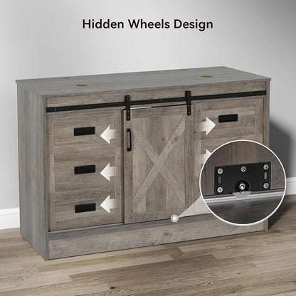 48" Barn Door Bathroom Vanity with 6 Drawers, Farmhouse Style Standing Pedestal Cabinet Without Sink