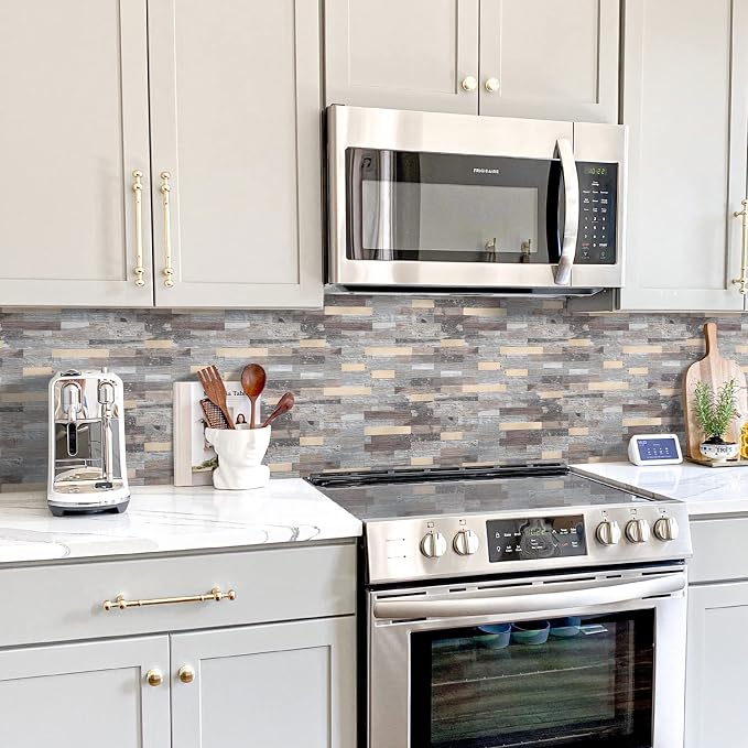 STICKGOO Peel and Stick Backsplash, PVC Wall Tiles Stick on Backsplash for Kitchen(1 Sheet, Distressed Wood with Metal Gold)