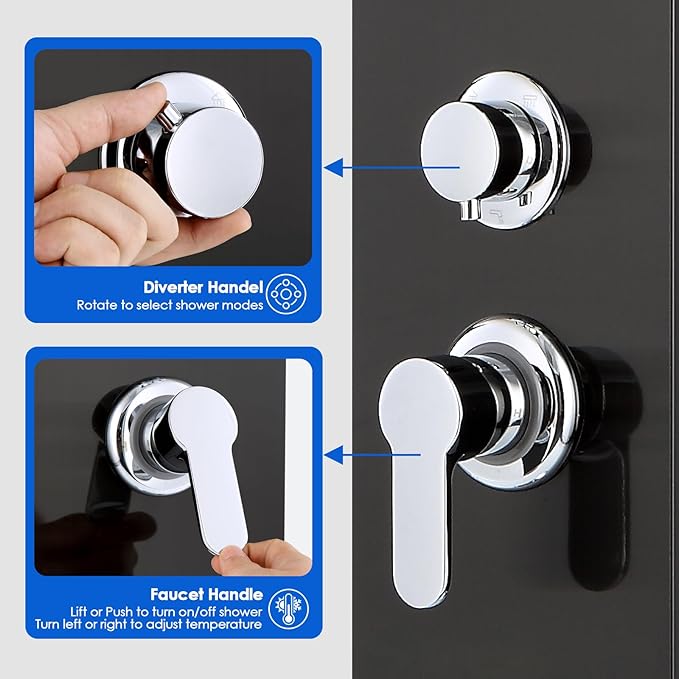ROVOGO Shower Panel Tower System with Led Lights, 2-Mode Shower Head, 3 Body Jets, Handheld and Tub Spout, 46.5"H x 7.8"W Stainless Steel Shower Column with Mixer Valve, Black