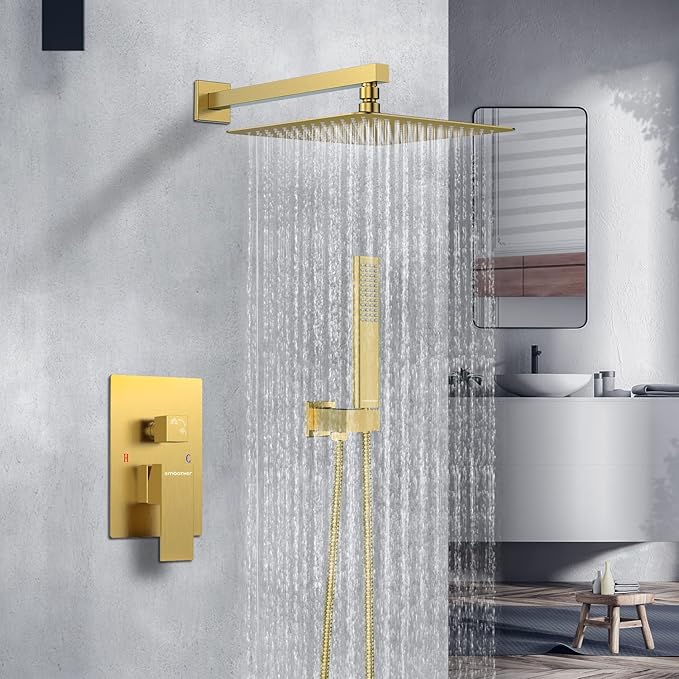 EMBATHER Brushed Gold Shower System- 10 inch Shower Faucet Sets with Rain Shower Head Hand Held Shower Head for Bathroom, Wall Mounted Square Shower Combo Set (Contain Shower Valve and Trim)
