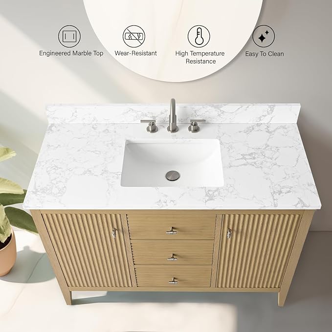Vanity Art 48 inch Oak Bathroom Vanity with Single Sink & Ceramic Top, Vanity Cabinet with Soft-Closing Door, Solid Wood Frame, Linear Pattern, Natural Oak, VA9148-NO-MB,Matte Black Handles