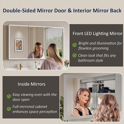 Buruis 60'' x 32'' Medicine Cabinet with Lights and Mirrors, Recessed or Wall Mounted Modern Bathroom Cabinet with 3-Mode Light, Anti-Fog, Dimmable, Memory Function, Outlet, Silver