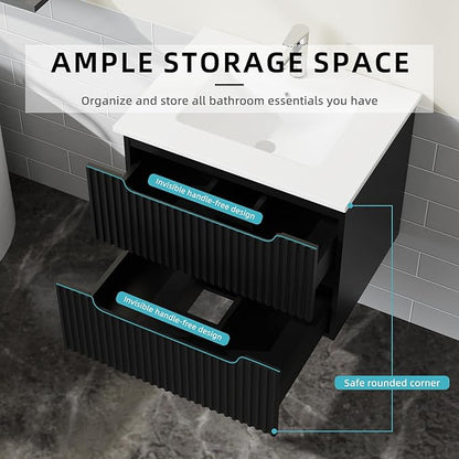 24” Wall Mounted Bathroom Vanity with Sink Floating Bathroom Cabinet Sink Combo, Soft-Close System, 2 Extra Big Drawers, Black