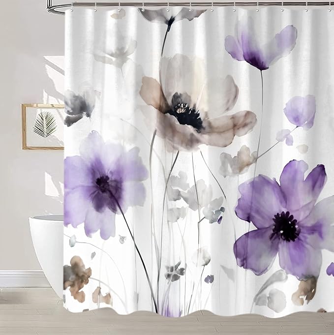 Sanzugh Boho Floral Shower Curtain, Cream Tan Beige Purple Grey White Flower Farmhouse Fabric Shower Curtains Set for Bathroom Decorative with Hooks 72 X 72 inch Spring Bath Decor