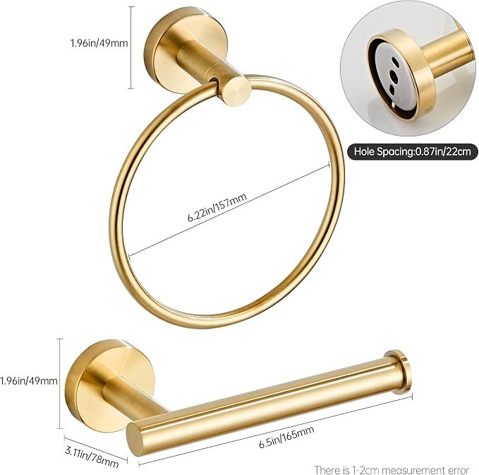 Gold Toilet Paper Holder, Brushed Gold Towel Ring, Hand Towel Holder Toilet Paper Roll Holder Wall Mount Bathroom Accessories, Modern SUS 304 Stainless Steel Bathroom 2 Set