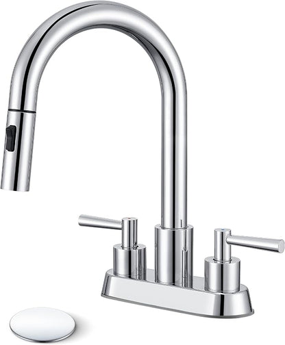 Bathroom Faucet with Pull Out Sprayer, Chrome Bathroom Faucet 3 Holes | Stainless Steel Lead-Free, 4 Inch Centerset Vanity Faucet, 2 Handle, Pop Up Drain, 3 Hole Faucet for RV Laundry Restroom