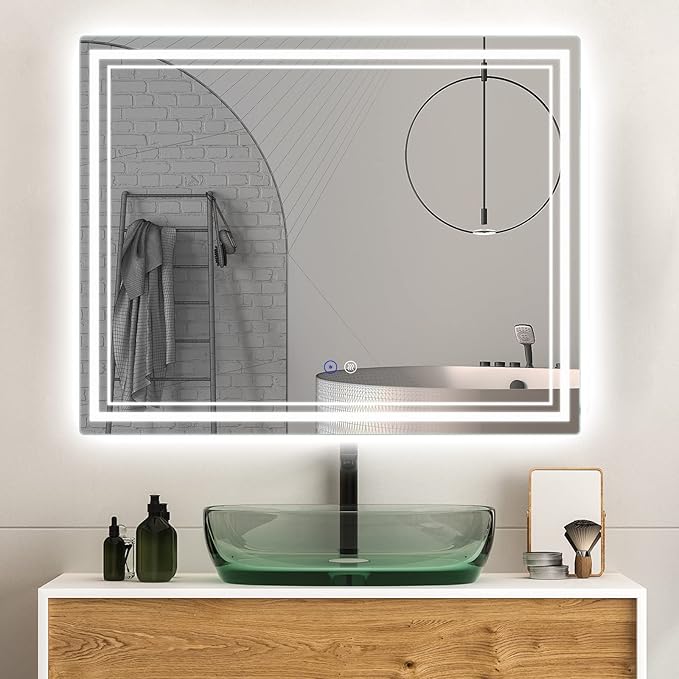 SaniteModar Bathroom Mirror with Lights 48x36 in, Led Mirror for Bathroom, Led Bathroom Mirror, 3 Color Dimmable, Anti Fog, Touch Button, CRI90+, Horizontal/Vertical