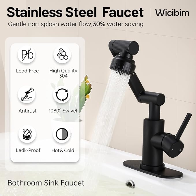 Wicibim Matte Black Bathroom Sink Faucet, Stainless Steel 1080° Rotatable Bathroom Faucet, Single Handle, 1 or 3 Hole, 2 Water Outlet Modes with Hot and Cold Hoses,Swivel Faucet