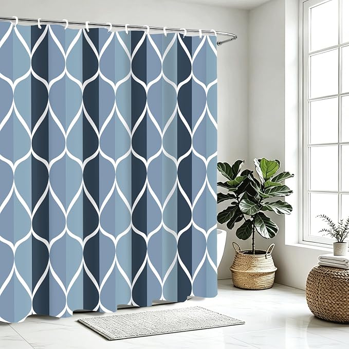 Gelbchu Geometric Shower Curtain for Bathroom, Aegean Blue, 72x84 Inch | with Hooks, Premium Polyester, Quick Dry, Water Repellent, Machine Washable, Rustproof Grommets, Modern Minimalist