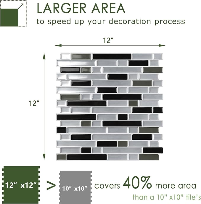 STICKGOO Thicker Peel and Stick Backsplash Tile for Kitchen and Bathroom | 10 Sheets of 12”×12” - 3D Vinyl Self Adhesive Wall Tiles Stick on Backsplash for Kitchen & Bathroom(Silver, Black)